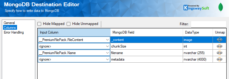 MongoDB Destination - Columns page
